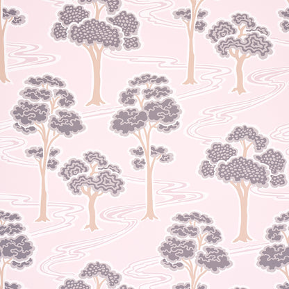 Soft pink wallpaper with stylized beige-trunk trees and gray-purple canopies, featuring flowing swirls.