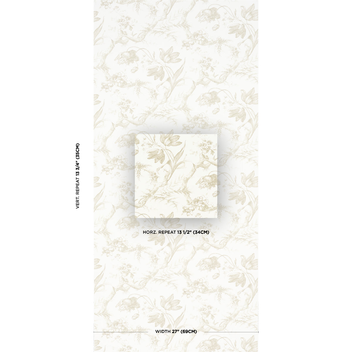 Beige floral wallpaper with pale botanical motif; square swatch shows repeat layout and 27" width.