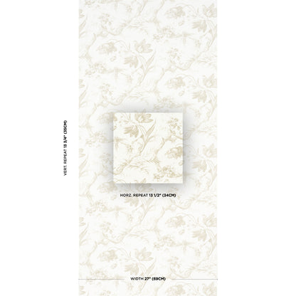 Beige floral wallpaper with pale botanical motif; square swatch shows repeat layout and 27" width.