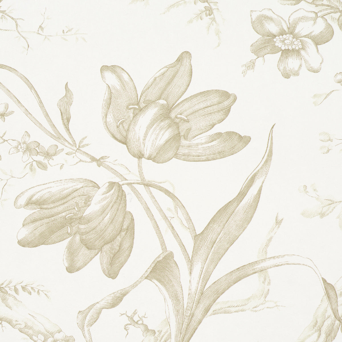 Beige floral wallpaper pattern with large stylized flowers and curling leaves on a cream background.