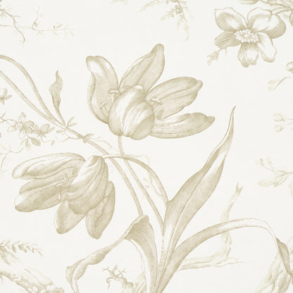 Beige floral wallpaper pattern with large stylized flowers and curling leaves on a cream background.