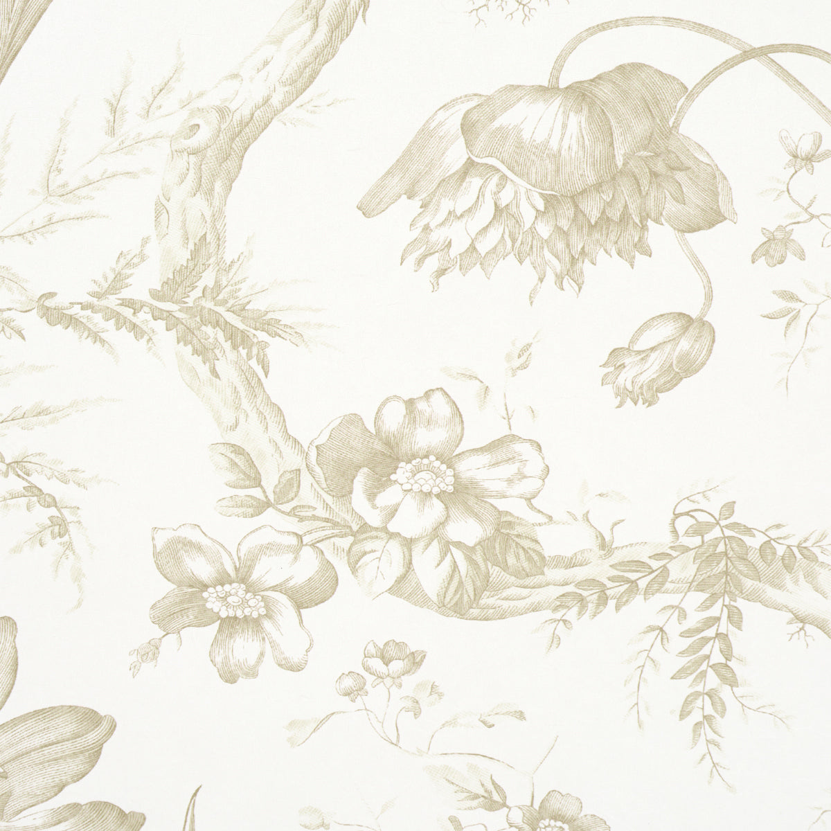Beige floral wallpaper pattern with large blossoms, vines and ferns on a cream background; vintage botanical design.