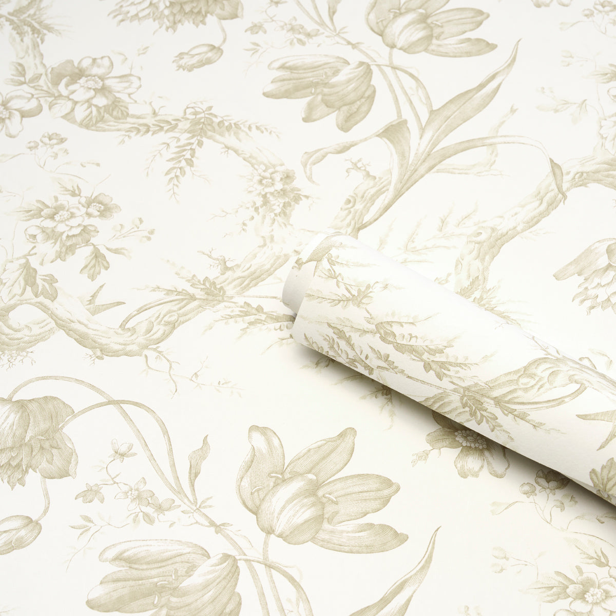 Beige botanical toile wallpaper roll with ivory background and taupe floral pattern for walls.