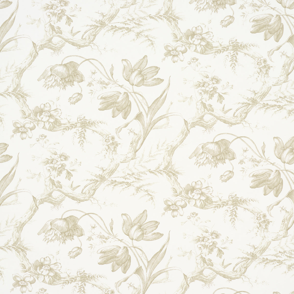 Beige toile de fleurs wallpaper with creamy blossoms and scrolling vines, vintage home decor