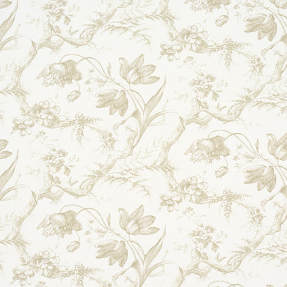 Beige toile de fleurs wallpaper with creamy blossoms and scrolling vines, vintage home decor