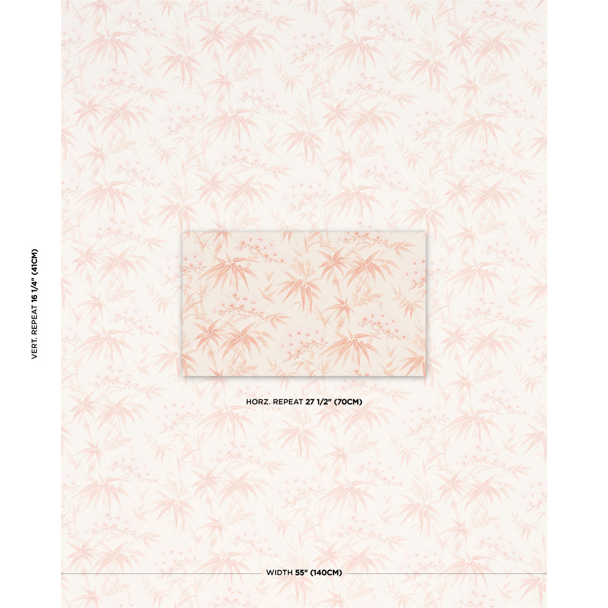 Soft pink palm leaf wallpaper on peach background; tropical pattern, 55 inches wide with 27.5 inch repeat.