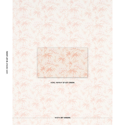 Soft pink palm leaf wallpaper on peach background; tropical pattern, 55 inches wide with 27.5 inch repeat.