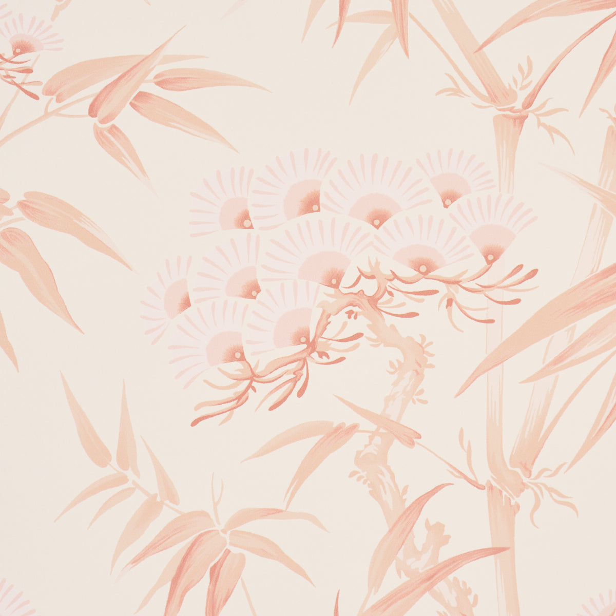 Peach botanical wallpaper featuring bamboo stalks, leaves and fan-shaped blossoms on a cream background.
