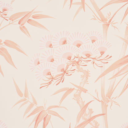 Peach botanical wallpaper featuring bamboo stalks, leaves and fan-shaped blossoms on a cream background.