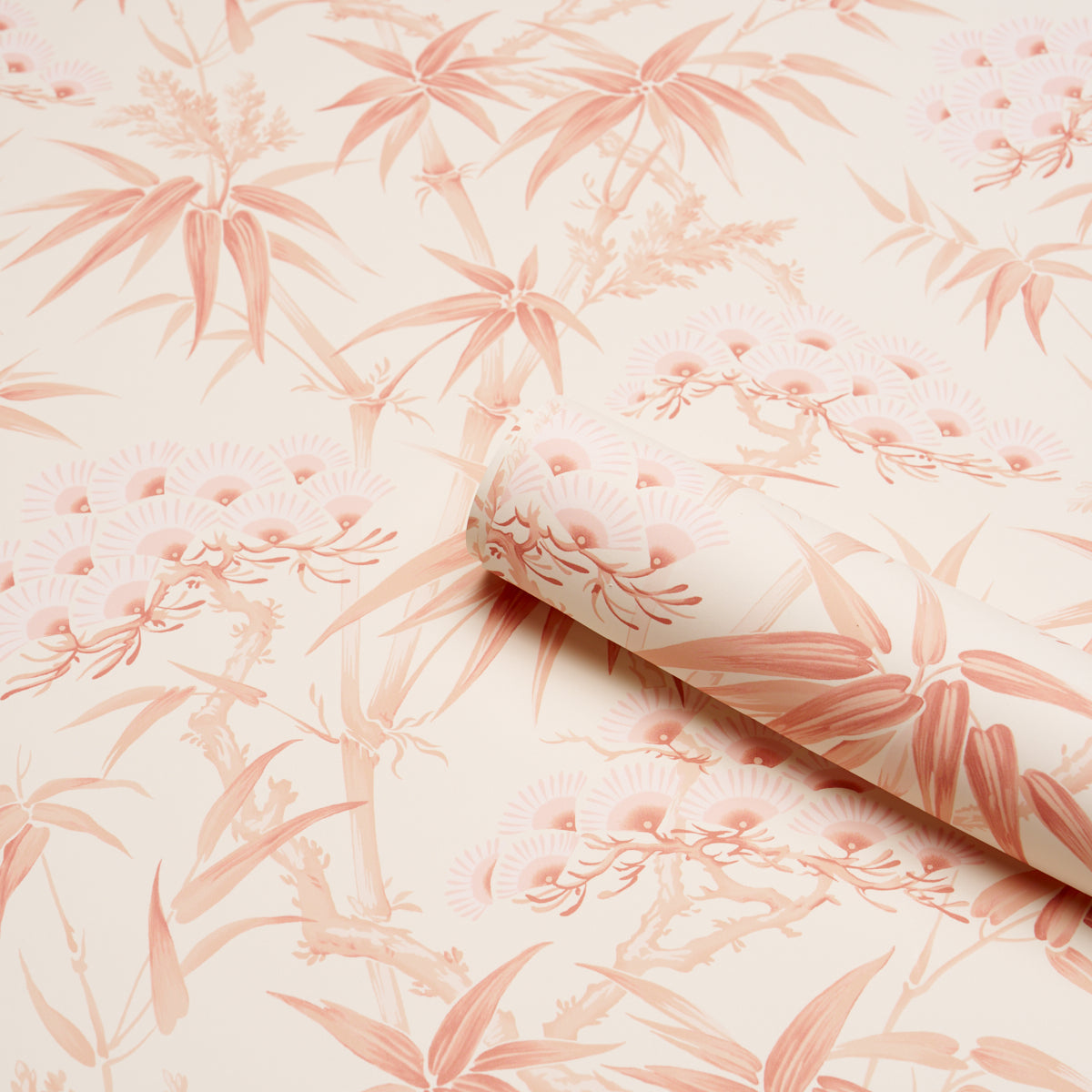 Peach pink botanical wallpaper roll with bamboo, fern-like leaves and circular floral motifs on white background.