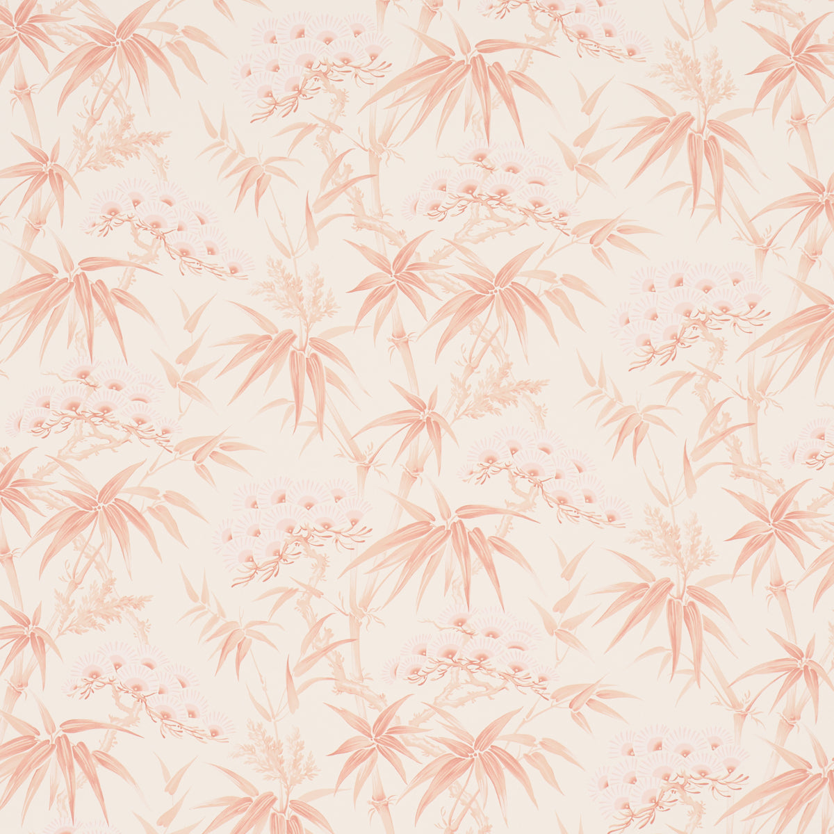 Peach palm leaf botanical pattern on cream background; tropical foliage print for fabric or wallpaper.