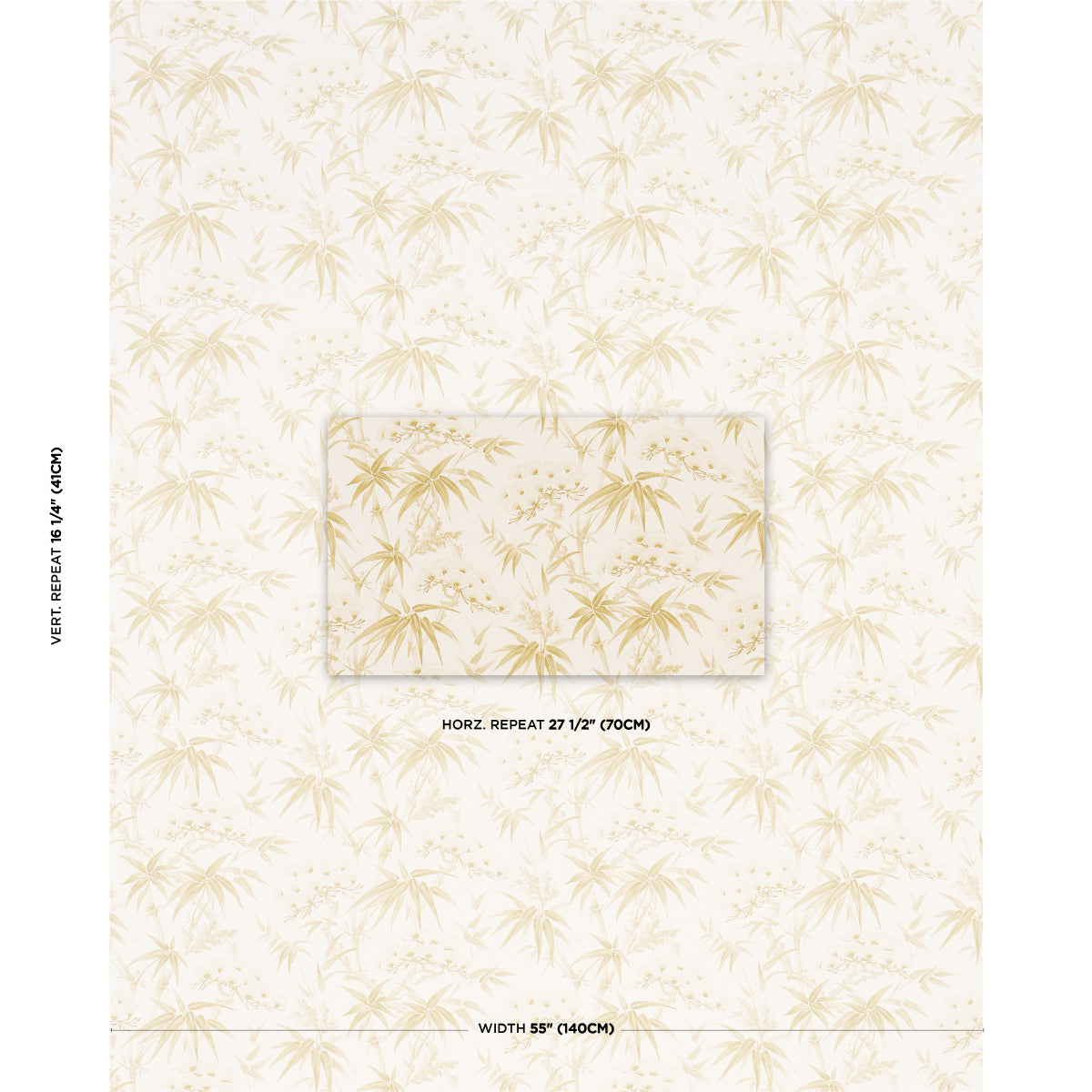 Cream bamboo-leaf wallpaper with pale tan pattern; central swatch shows repeats; width 55" (140 cm).