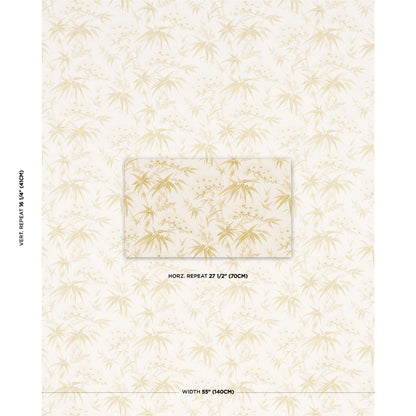 Cream bamboo-leaf wallpaper with pale tan pattern; central swatch shows repeats; width 55" (140 cm).