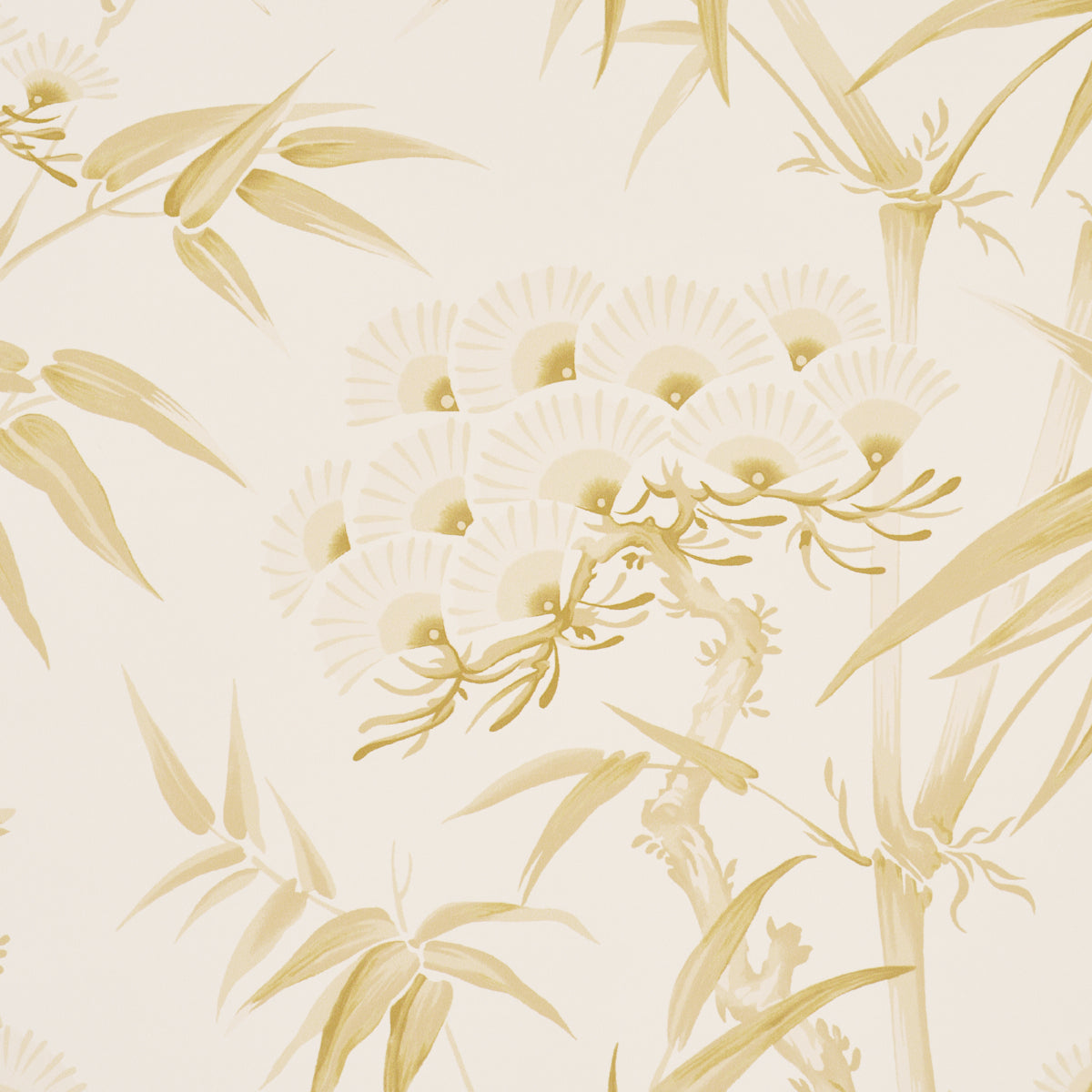 Cream wallpaper with pale gold bamboo and circular floral motifs, airy botanical pattern for elegant home decor.