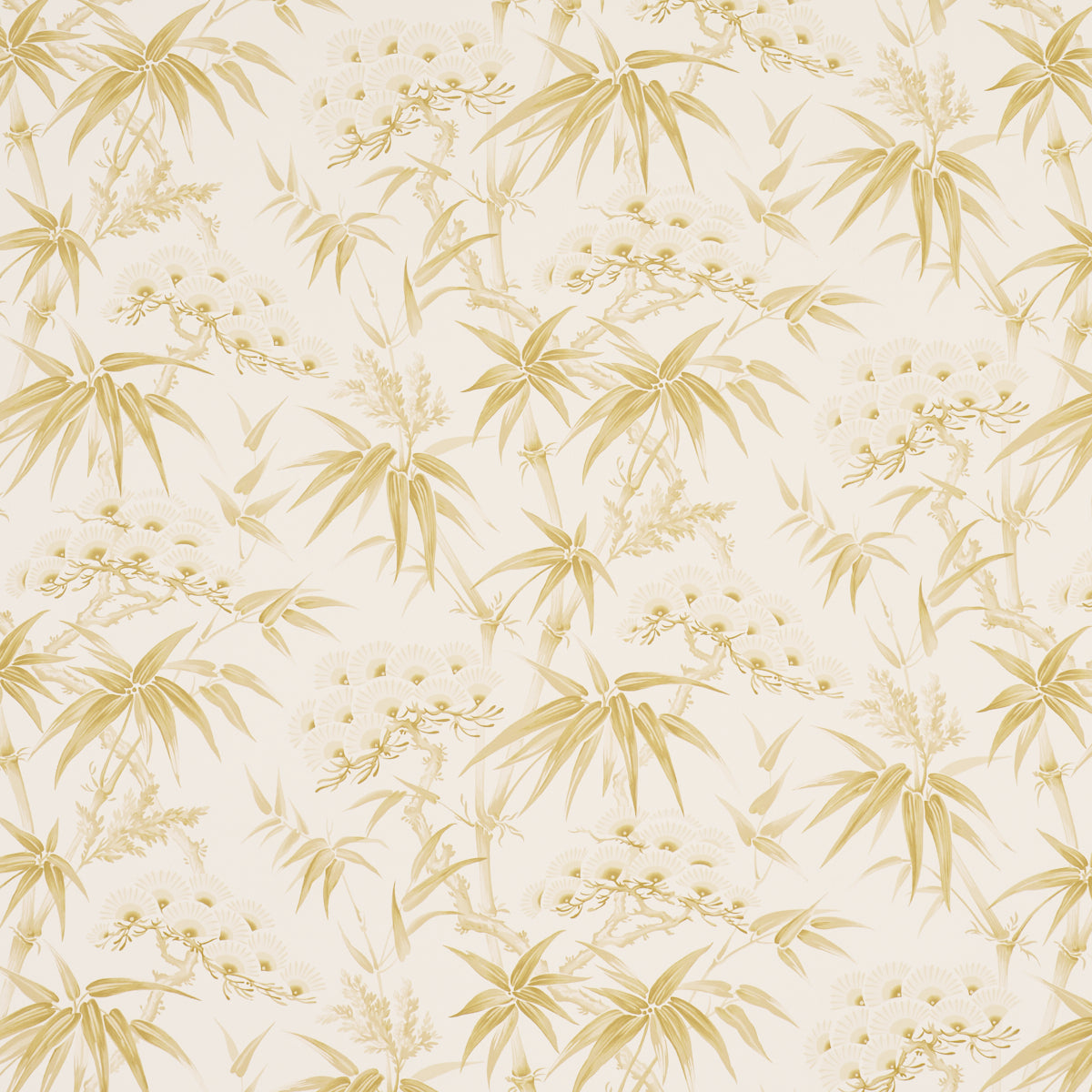 Cream wallpaper with pale gold bamboo and white blossom motifs in a botanical tropical pattern.