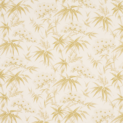 Cream wallpaper with pale gold bamboo and white blossom motifs in a botanical tropical pattern.