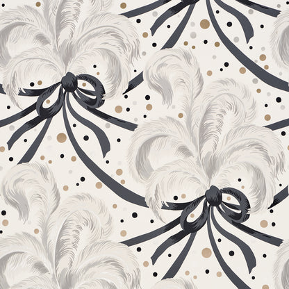 Cream wallpaper pattern with navy ribbon bows, fluffy feather-like shapes and scattered gold and black dots.