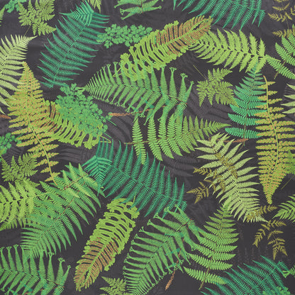 Dark fabric featuring a vibrant green and yellow fern leaf pattern, tropical botanical print.