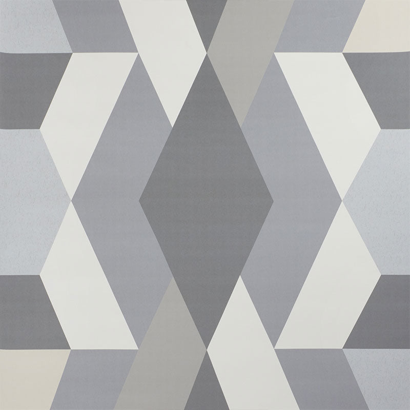 Geometric area rug with diamond pattern in gray, light blue-gray and ivory tones.