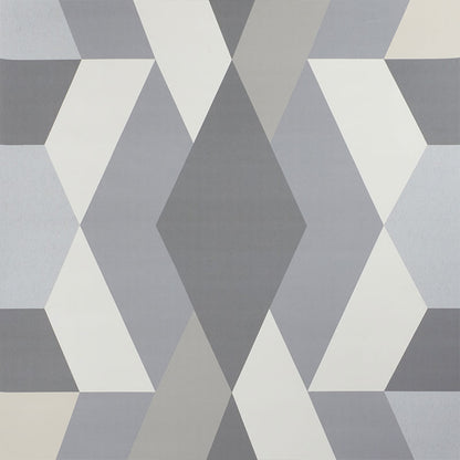 Geometric area rug with diamond pattern in gray, light blue-gray and ivory tones.