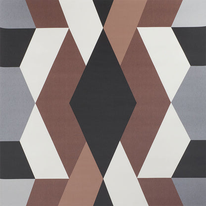 Geometric diamond-pattern rug in black, gray, white, taupe and brown tones; mid-century modern.