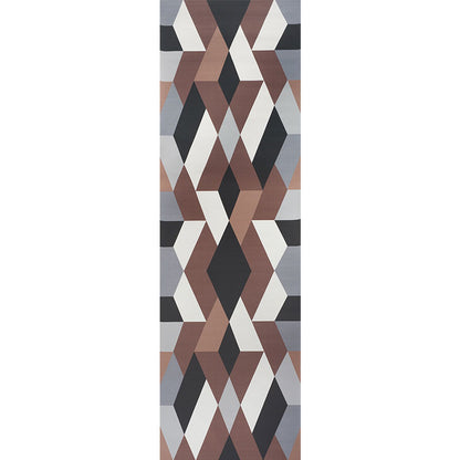Geometric diamond-pattern runner rug in browns, grays, taupe, ivory and black.