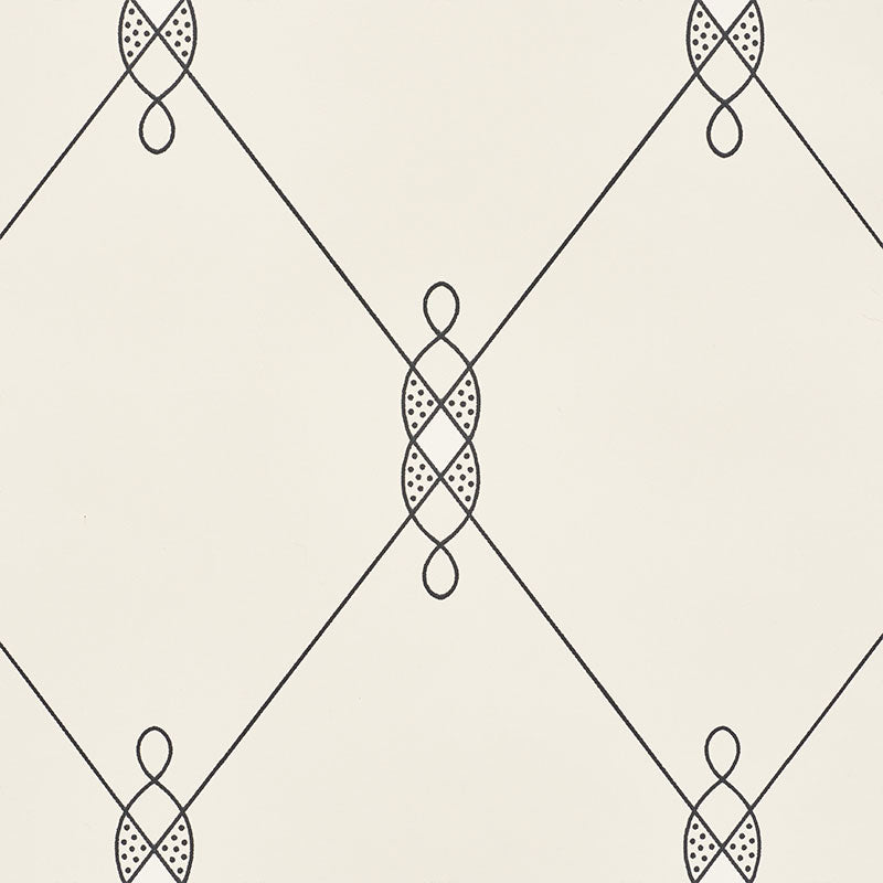 Beige wallpaper with black diamond lattice & dotted oval motifs; stacked ovals & teardrop accents at intersections.