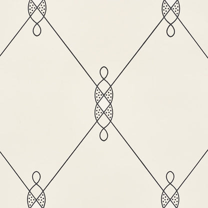Beige wallpaper with black diamond lattice & dotted oval motifs; stacked ovals & teardrop accents at intersections.