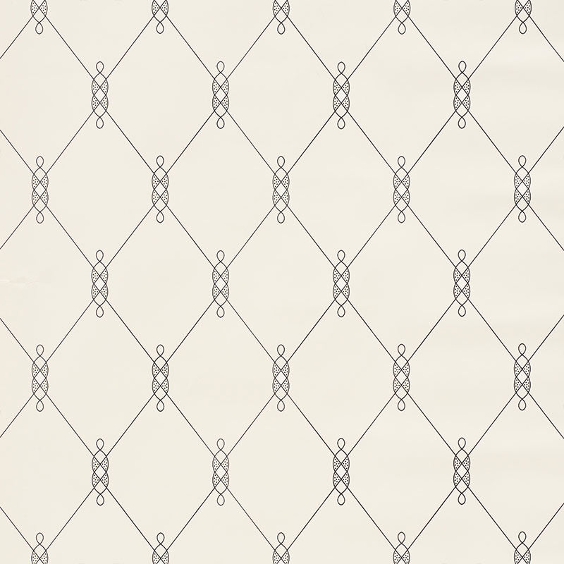 Cream wallpaper with a gray diamond lattice and small looped knots at intersections, decorative timeless pattern.