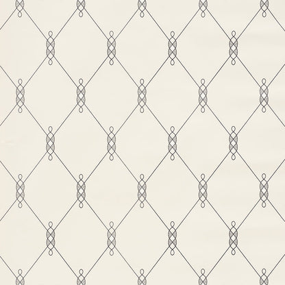 Cream wallpaper with a gray diamond lattice and small looped knots at intersections, decorative timeless pattern.