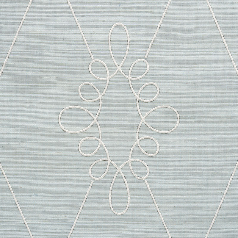 Water blue wallpaper with white looped embroidery forming a diamond-shaped floral motif.