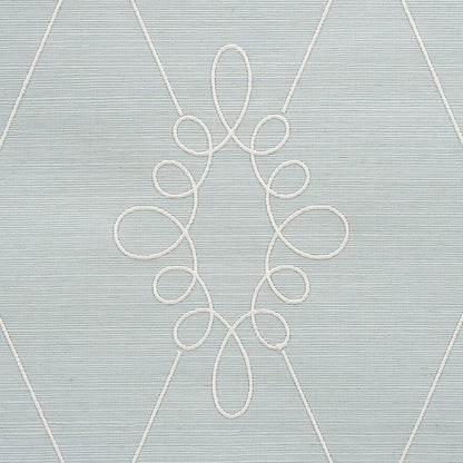 Water blue wallpaper with white looped embroidery forming a diamond-shaped floral motif.
