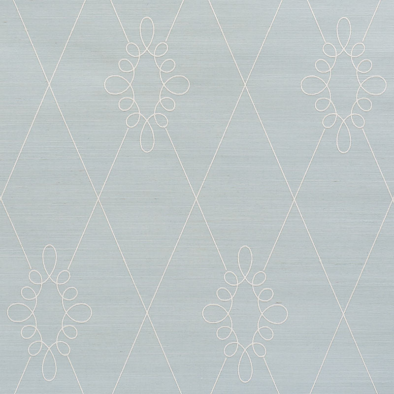 Subtle light blue textured wallpaper with white diamond lattice and looping oval motifs.
