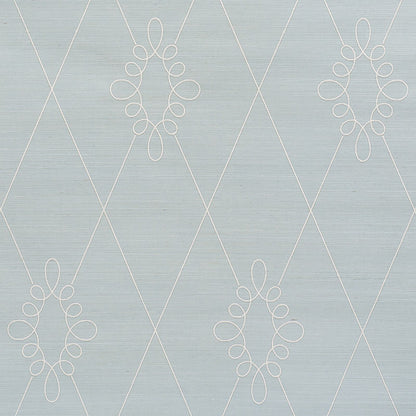 Subtle light blue textured wallpaper with white diamond lattice and looping oval motifs.