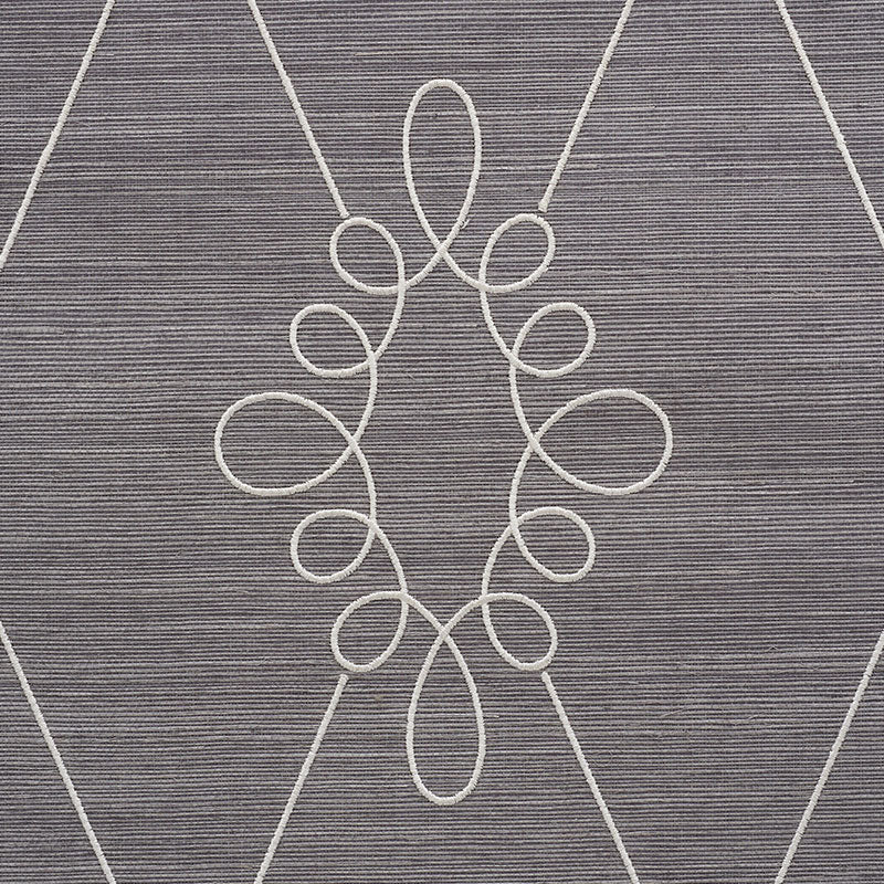 White embroidered sisal wallcovering with a symmetrical looping diamond motif in charcoal.