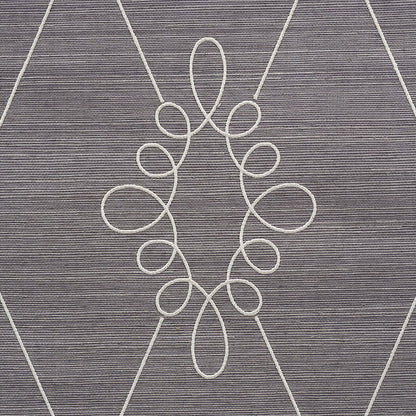 White embroidered sisal wallcovering with a symmetrical looping diamond motif in charcoal.