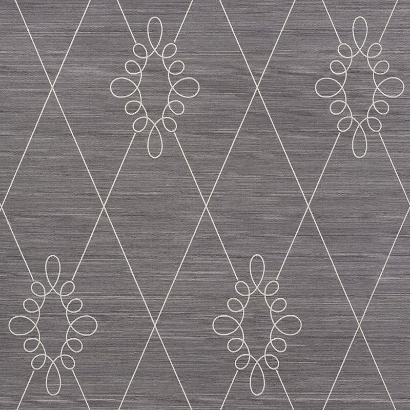 Gray textured wallpaper with white diamond lattice & ornate looped oval motifs.