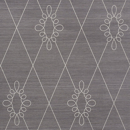 Gray textured wallpaper with white diamond lattice & ornate looped oval motifs.