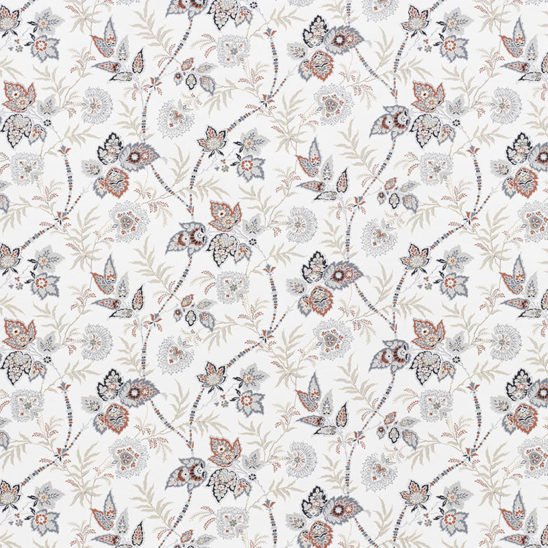 Cream fabric with vintage floral print in muted blue, gray and tan; botanical pattern for upholstery or dressmaking.