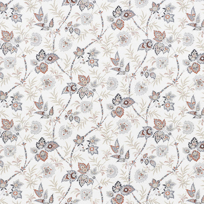 Cream fabric with vintage floral print in muted blue, gray and tan; botanical pattern for upholstery or dressmaking.
