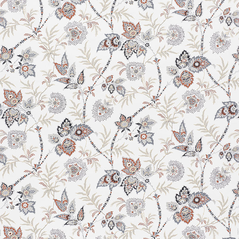 Floral botanical pattern with beige, blue-gray and orange blossoms on ivory background; great for fabric or wallpaper.