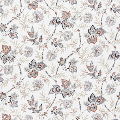 Floral botanical pattern with beige, blue-gray and orange blossoms on ivory background; great for fabric or wallpaper.
