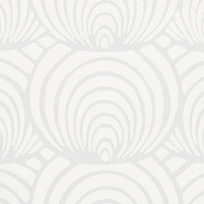 Soft gray and white wallpaper with repeating shell-like concentric arcs in an Art Deco pattern.