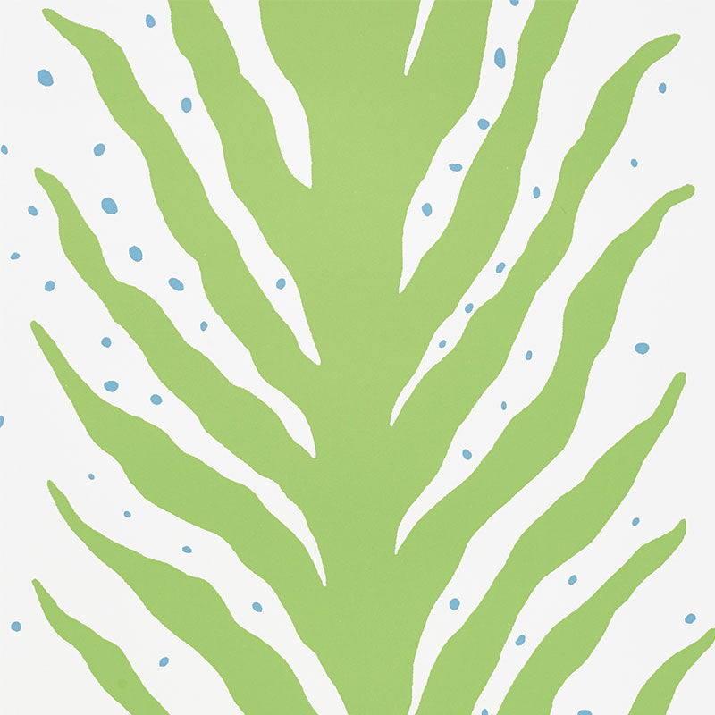 Abstract lime-green creeping fern moss print with blue dots, modern wall decor.