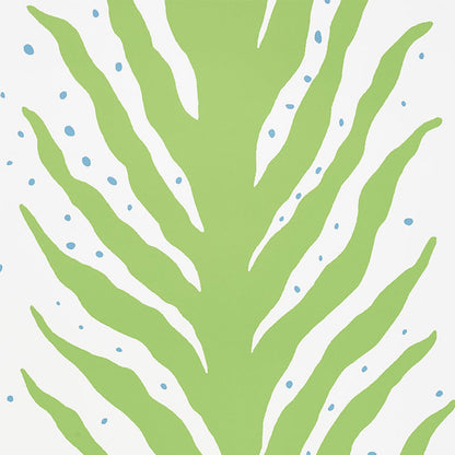 Abstract lime-green creeping fern moss print with blue dots, modern wall decor.