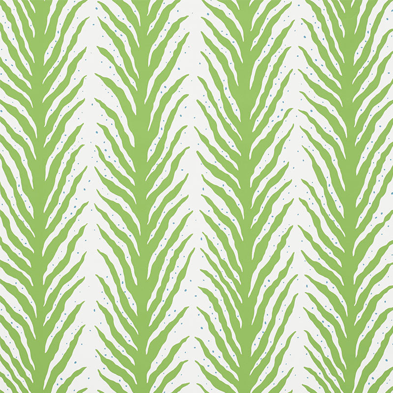 Olive green palm-leaf pattern repeats on pale beige background; tropical wallpaper or fabric print.