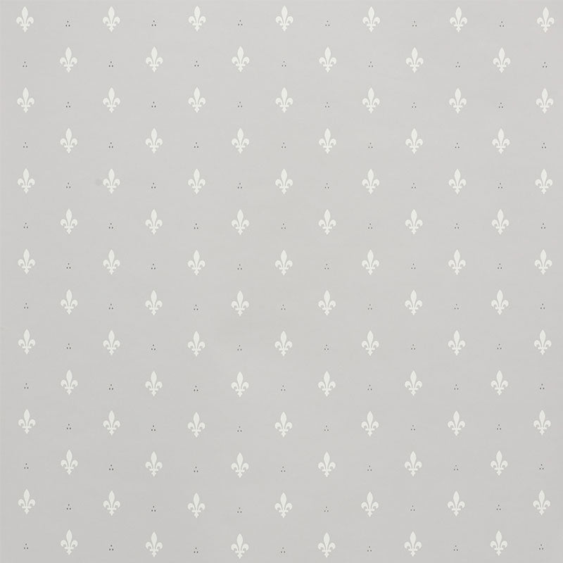 Light gray wallpaper with a repeating white fleur-de-lis pattern.