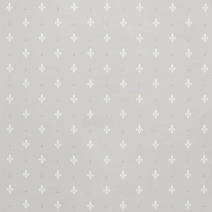 Light gray wallpaper with a repeating white fleur-de-lis pattern.