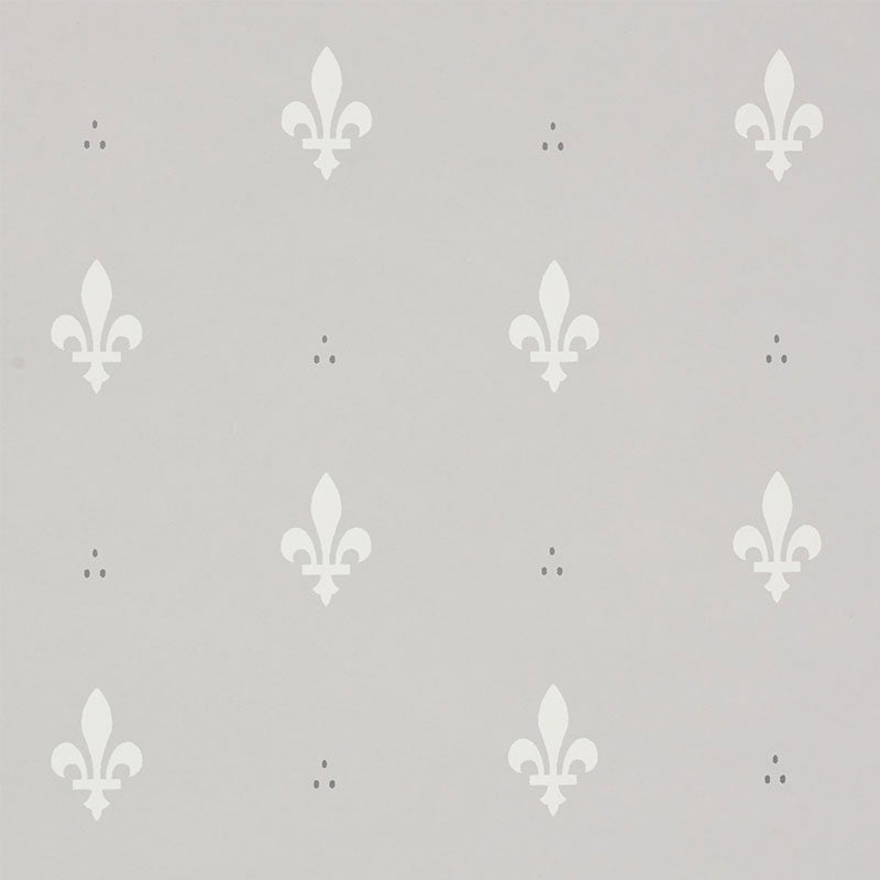 Light gray wallpaper with white fleur-de-lis motifs in a repeating ornamental pattern.