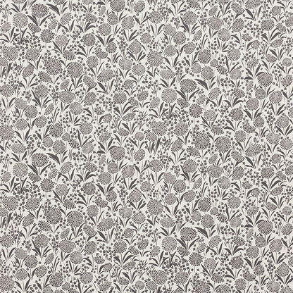 Dense charcoal chrysanthemum floral pattern with clustered blooms and leaves on a light background, wallpaper.